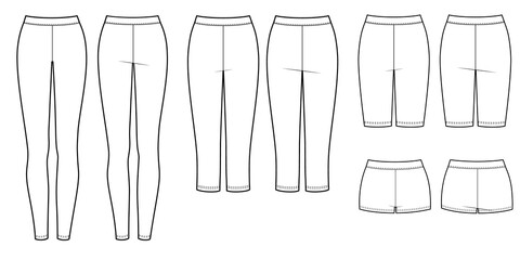 Set of different length sport tight pants. Leggins, breeches, shorts