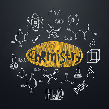 Chemistry chalkboard background in hand drawn style. Round composition with lettering and chemical symbols and formulas. Education subject. Ideal for school poster, graphic print, banner.