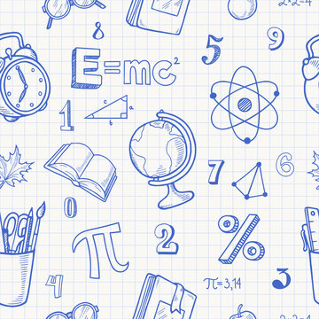 School seamless pattern in hand drawn doodle style. Welcome back to school background with supplies, items and scientific symbols. Sheet of notebook with blue pen sketches. Vector illustration
