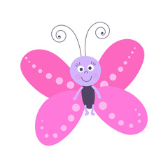 Cute smiling cartoon butterfly with pink wings. Baby butterfly.