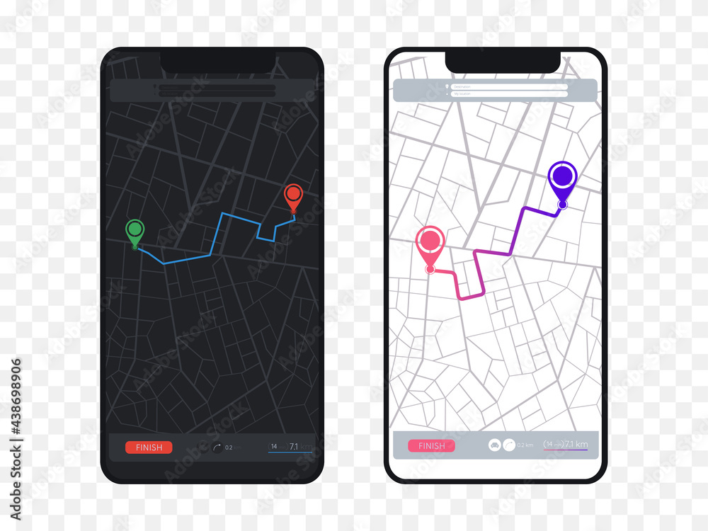 Aufkleber Map GPS navigation. City street map with pins. Route dashboard app. Vector route navigator.