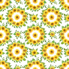 Fototapeta na wymiar Sunflowers seamless pattern. Yellow watercolor flowers and green leaves background for fabric, wrapping paper, wallpaper and decoration