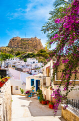 Alicante old town and Santa Barbara Castle. Narrow street with white houses and purple flowers on...