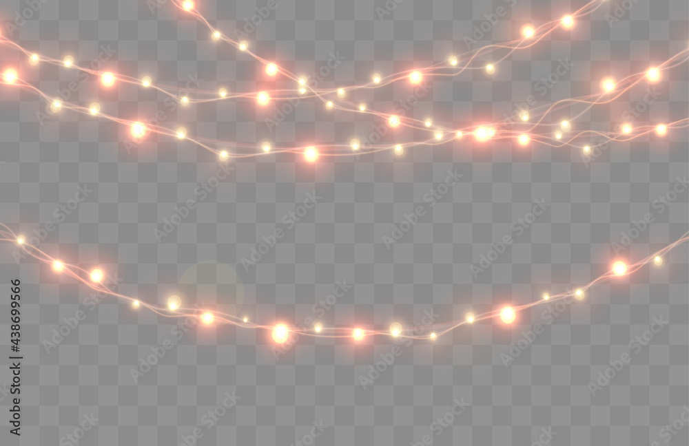 Poster christmas lights isolated on transparent background. bright xmas garland. vector glow light bulbs on