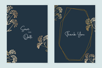 Elegant blue Wedding Invitation, floral invite thank you and save the date, rsvp modern card Design in golden floral. Vector elegant rustic template