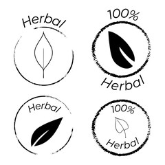 Set of black and white badges and icons with leafs 