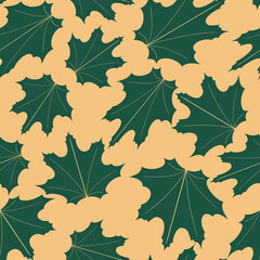 Seamless elegant pattern with green hand drawn maple leaves on a golden background. The pattern can be used for wrapping papers, invitation cards, wallpapers, covers, textile prints. Vector, eps 10.