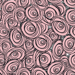 Seamless pattern with child doodle roses. Pattern with black swirls on a rose and white backdrops. Can be used for textile prints, cards, wrapping paper. Vector illustration, eps 10.