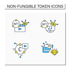 NFT color icons set.Non fungible tokens music,video clips,cryptomedia,digital art.Unique digital assets. Digitalization concept. Isolated vector illustrations