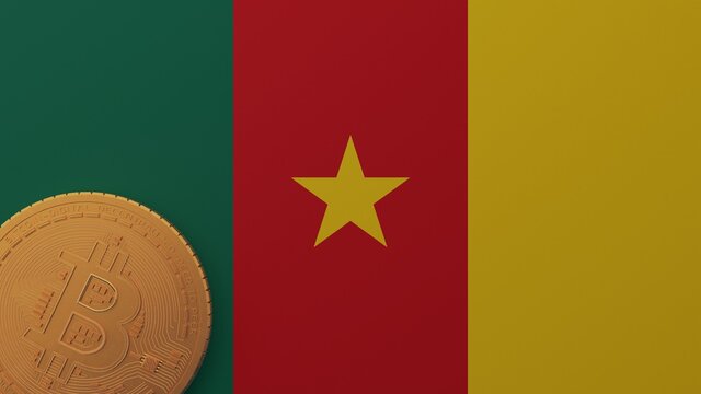 Gold Bitcoin in the Bottom Left Corner on the Country Flag of Cameroon