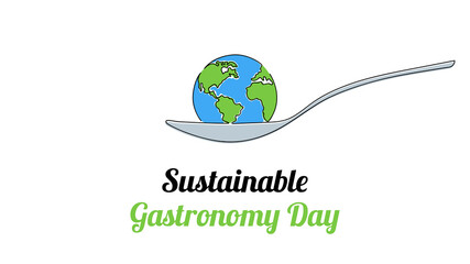 Sustainable Gastronomy Day June 18. Simple planet and spoon. Minimalist web banner, gastronomy day vector illustration. One continuous line drawing. - obrazy, fototapety, plakaty
