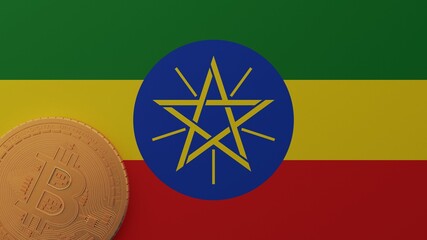 Gold Bitcoin in the Bottom Left Corner on the Country Flag of Ethiopia