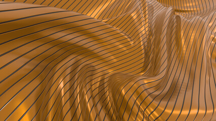 Abstract wavy background. Orange metal tapes. Smooth lines. 3D rendering image.