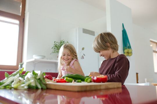 Family preparing a healthy meal in the kitchen at mediterranean home.
