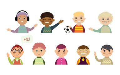 A set of children's avatars. A set of smiling faces of boys in different poses, with different hairstyles, skin color and ethnicity. Flat vector illustration isolated on a white background