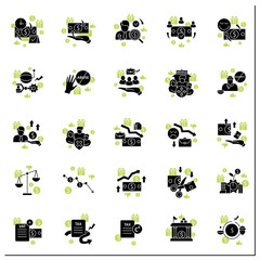 Universal basic income glyph icons set. Tax declaration, economic growth. Inequality and inflation. Global economy concept.Filled flat signs. Isolated silhouette vector illustrations