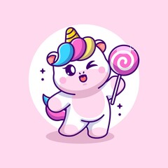 Cute unicorn holding a lollipop cartoon