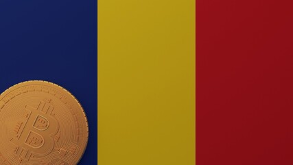 Naklejka premium Gold Bitcoin in the Bottom Left Corner on the Country Flag of Romania