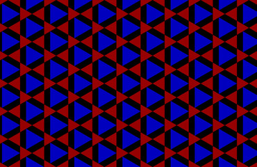 Patrón geométrico de triángulos rojos y azules sobre fondo negro