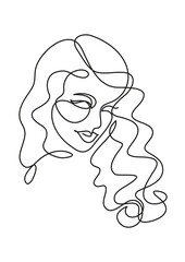 Portrait of a beautiful woman with wavy hairs. Beauty salon, hairdresser, stylist, make-up artist. Vector illustration, abstract woman face, minimalism, line art, continuous line. Logo, symbol, emblem