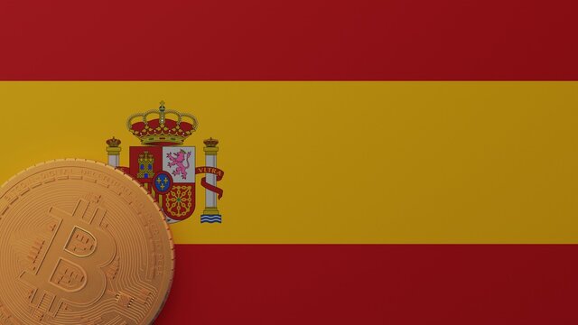 Gold Bitcoin in the Bottom Left Corner on the Country Flag of Spain
