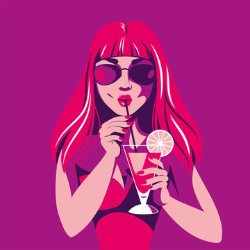 Young girl drinking a cocktail. Summer refreshment. Woman face, modern stylish female portrait. Vector illustration, pop art. Baner, poster, flayer for night club, bar, disco promotion, event, party