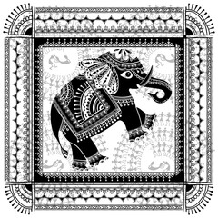 Obraz premium Warli painting with an elephant - hand drawn traditional the ancient tribal art India. Pictorial language is matched by a rudimentary technique depicting rural life of the inhabitants of India