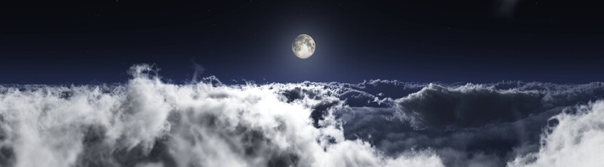 Naklejka na ściany i meble Beautiful cloudy landscape, moonrise among the clouds, flying through the clouds, 3D rendering