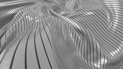 Abstract wavy background. Grey metal tapes. Smooth lines. 3D rendering image.
