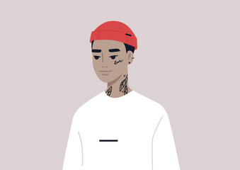 A young gender-neutral Asian character wearing a rolled beanie, modern lifestyle and fashion