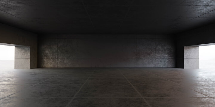 dark concrete building interior hall studio background, concrete room 3d illustration render