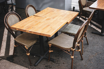 Outdoor dining patio with tables and chairs