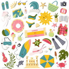 Summer beach symbols big set isolated on white. Scrapbooking elements bundle. Seasonal holidays seaside icons collection. Hand drawn travel, vacation concept. Vector flat cartoon line illustration