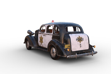 Rear corner view 3D illustration of a rusty dirty old vintage police car isolated on white. © IG Digital Arts