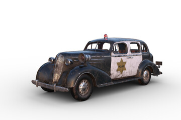 3D illustration of a rusty dirty old vintage police car isolated on white. - obrazy, fototapety, plakaty