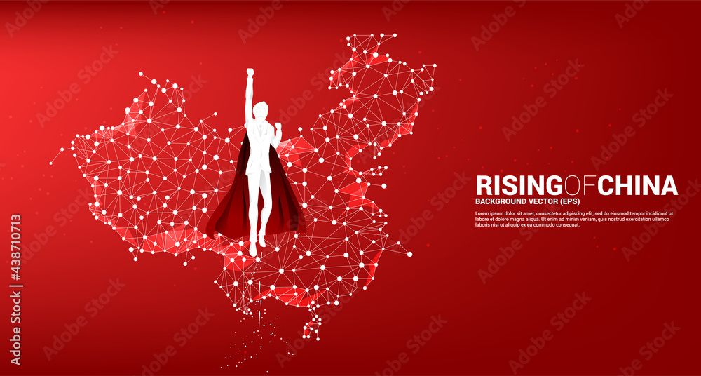 Poster silhouette of businessman flying with china map from polygon dot connect line. concept for fast grow