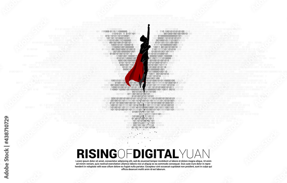 Aufkleber Silhouette of businessman flying with digital yuan currency money icon from binary zero and one code. Concept for china digital currency economy and financial network connection.