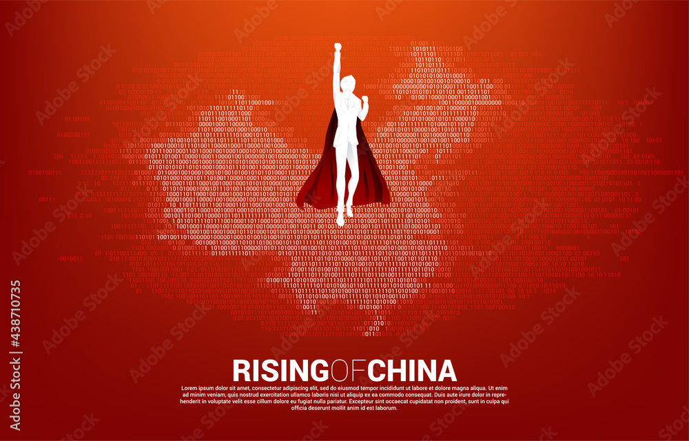 Poster Silhouette of businessman flying with China map from binary zero and one code. Concept for china digital currency economy and financial network connection.