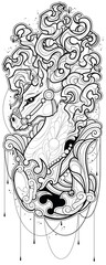 Czarno-biały ilustracja konia w stylu tatuażu. Projekt graficzny konia z bujną grzywą Kolorowanka
