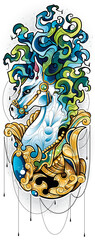 Kolorowa ilustracja niebieskiego konia w stylu tatuażu. Projekt graficzny konia z bujną grzywą, zielone włosy. © Loony Rabbit