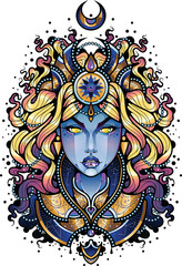 Fototapeta premium Ilustracja niebieskiej czarodziejki. Wróżka z księżycem nad głową wzór tatuażu. Kobieta z błękitna skórą.