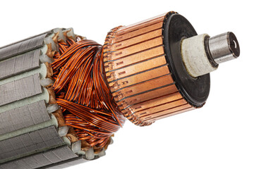 Rotor or of anchor electric motor closeup, isolated on white background