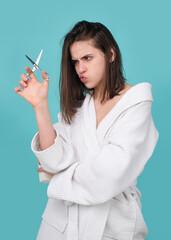 Obraz premium Funny woman hair loss problem for health haircare shampoo. Hairloss concept.