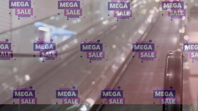 Multiple mega sale text banners falling against shopping mall escalator in background