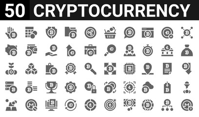Naklejka na ściany i meble 50 icon pack of cryptocurrency web icons. filled glyph icons such as bitcoin,bitcoin,ingots,bitcoin,bitcoin,savings,calculator,bitcoin. vector illustration