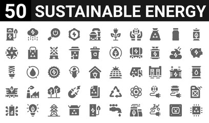 Naklejka na ściany i meble 50 icon pack of sustainable energy web icons. filled glyph icons such as chip,gas station,battery status,coal,light bulb,hydro power,rain,solar energy. vector illustration