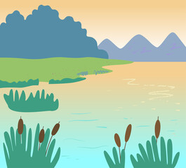 Evening minimalistic landscape with lake, mountains, coast and trees.