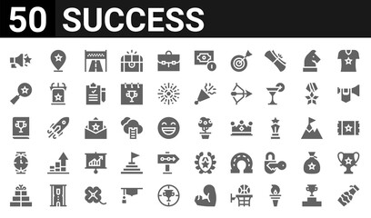 Obraz na płótnie Canvas 50 icon pack of success web icons. filled glyph icons such as champagne,megaphone,gift,watch,book,reviews,placeholder,plant. vector illustration