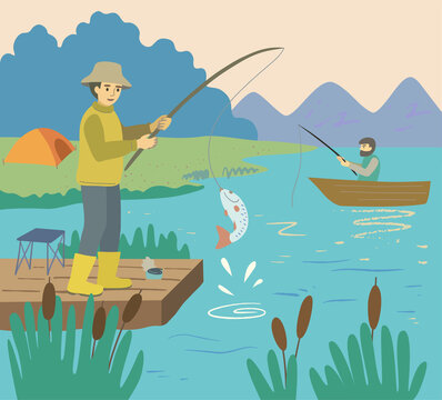 Two people fishing on the lake. Fisherman on the shore and a man with a fishing rod in the boat. Abstract minimalistic landscape with mountains.