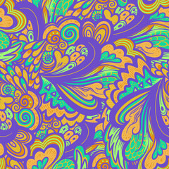 Fototapeta na wymiar Bright colorful hippie seamless psychedelic pattern with abstract curly and plant elements.